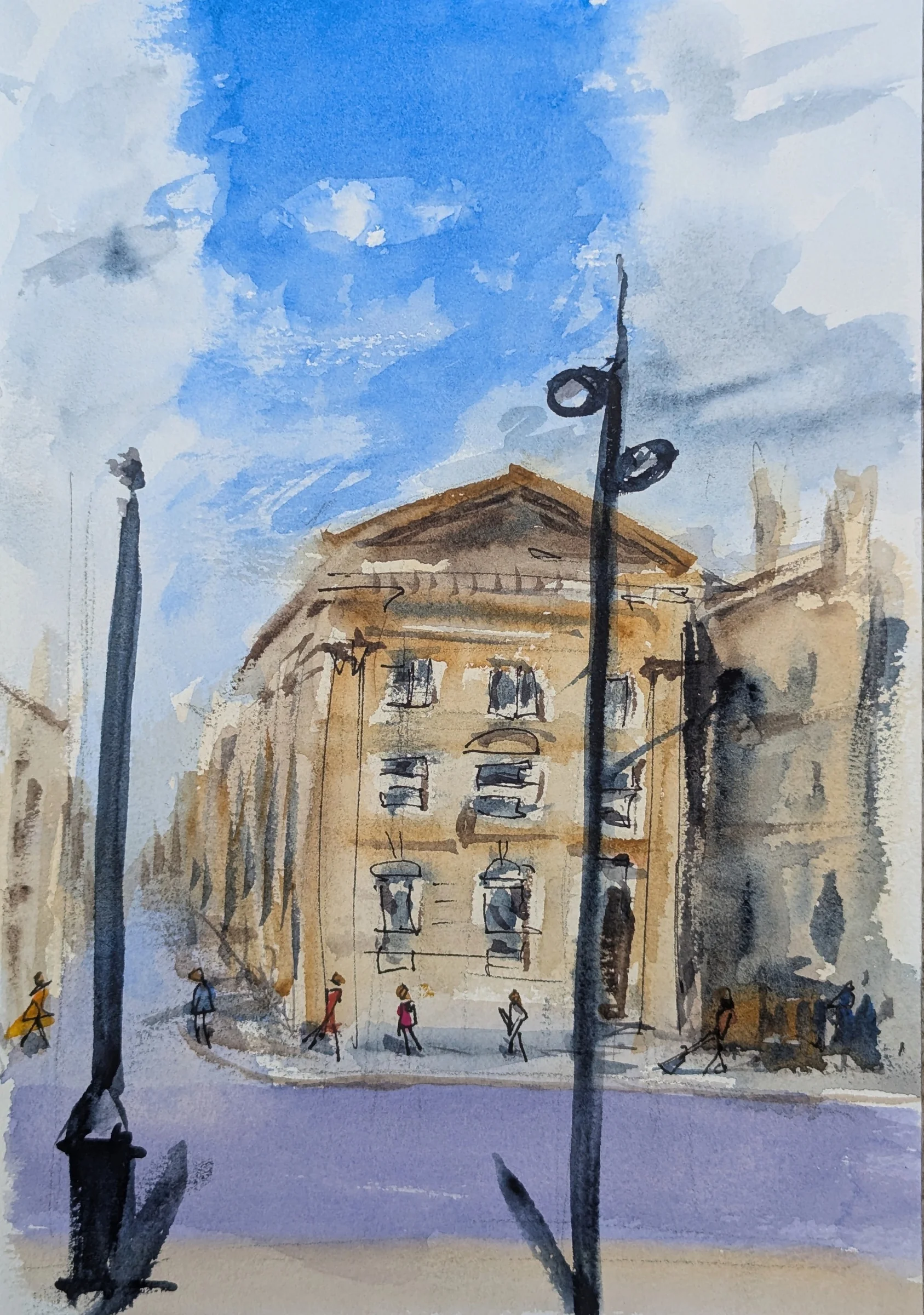 Ink and watercolour: Pale stone facades and tall street lamps beneath a bright blue sky.