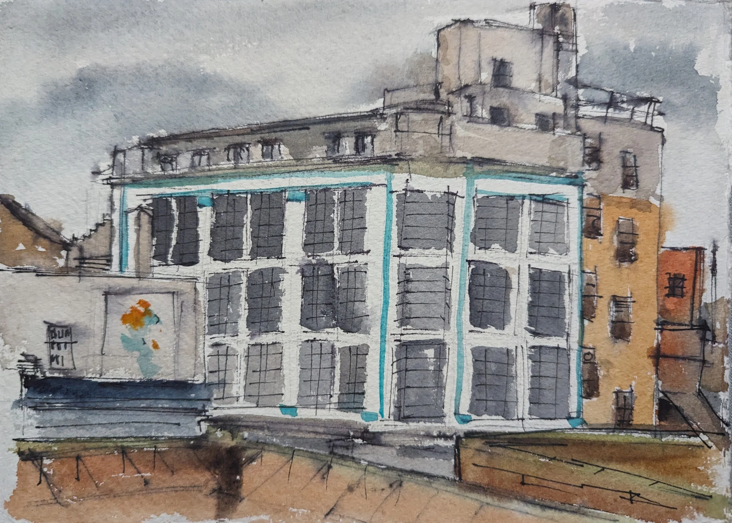 Ink and watercolour: A view towards the Oxfam building in Liverpool, with reflections in the water below.