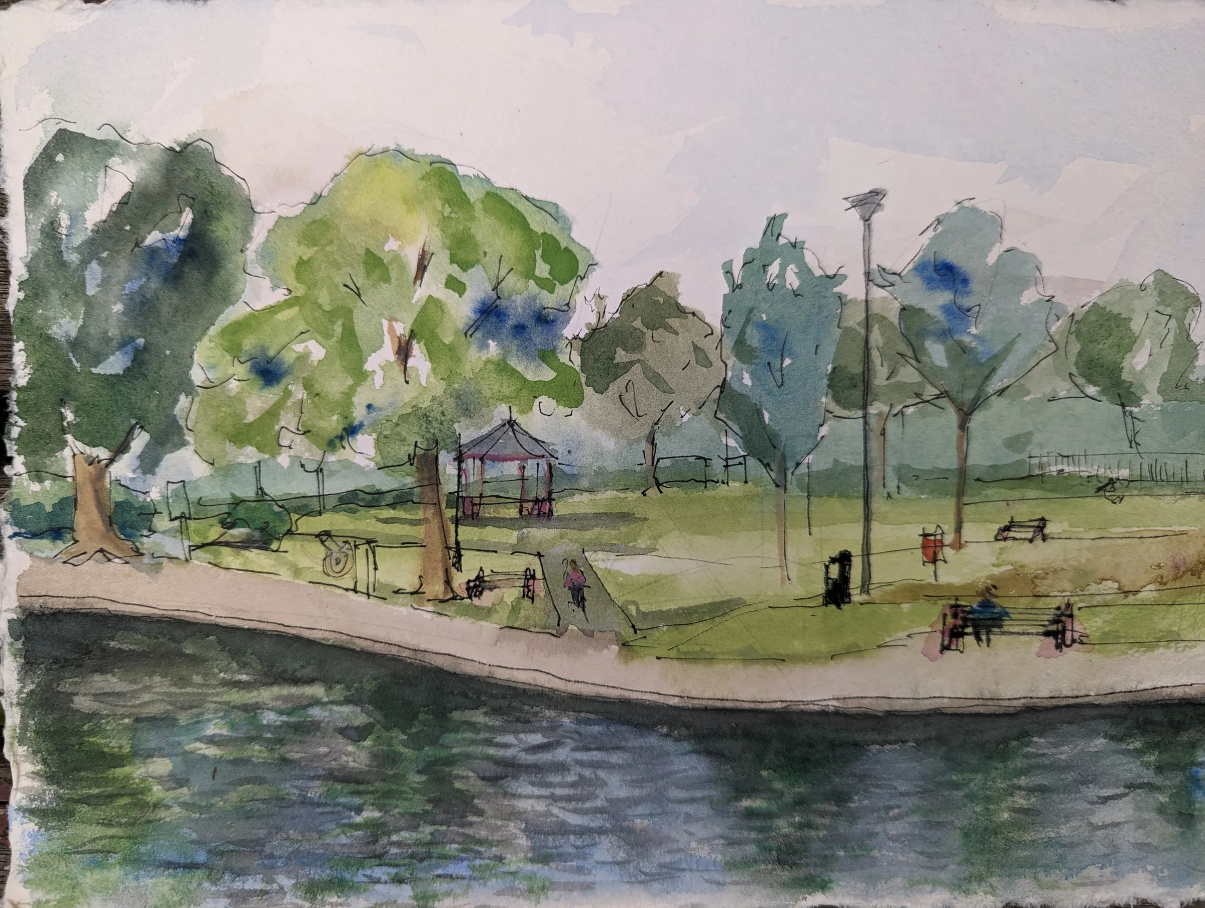 Ink and watercolour: Trees, a small shelter and figures beside the pond in Coronation Park, Ormskirk.