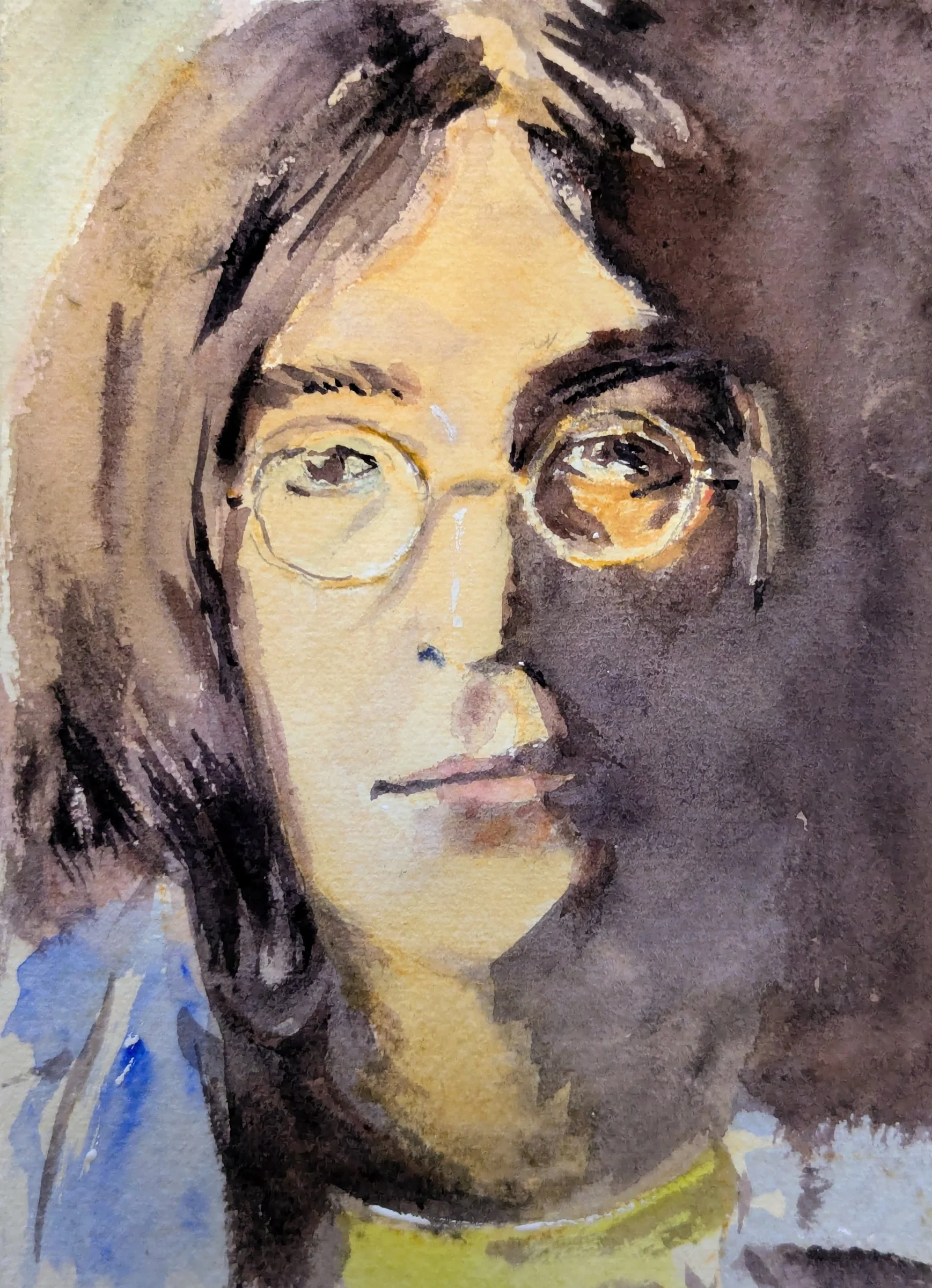 Ink and watercolour: A close portrait of John Lennon with round glasses and dark hair.