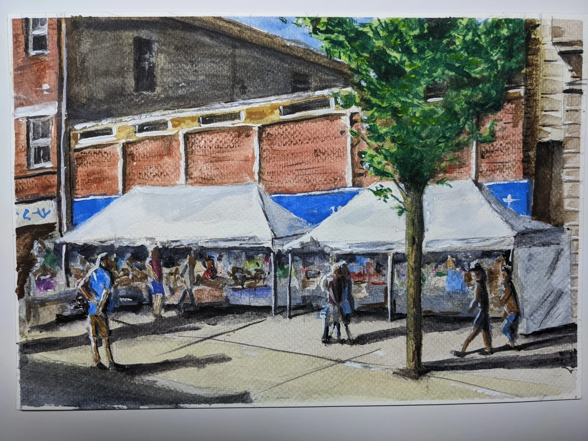 Ink and watercolour: People browsing covered market stalls beside brick buildings in Ormskirk.