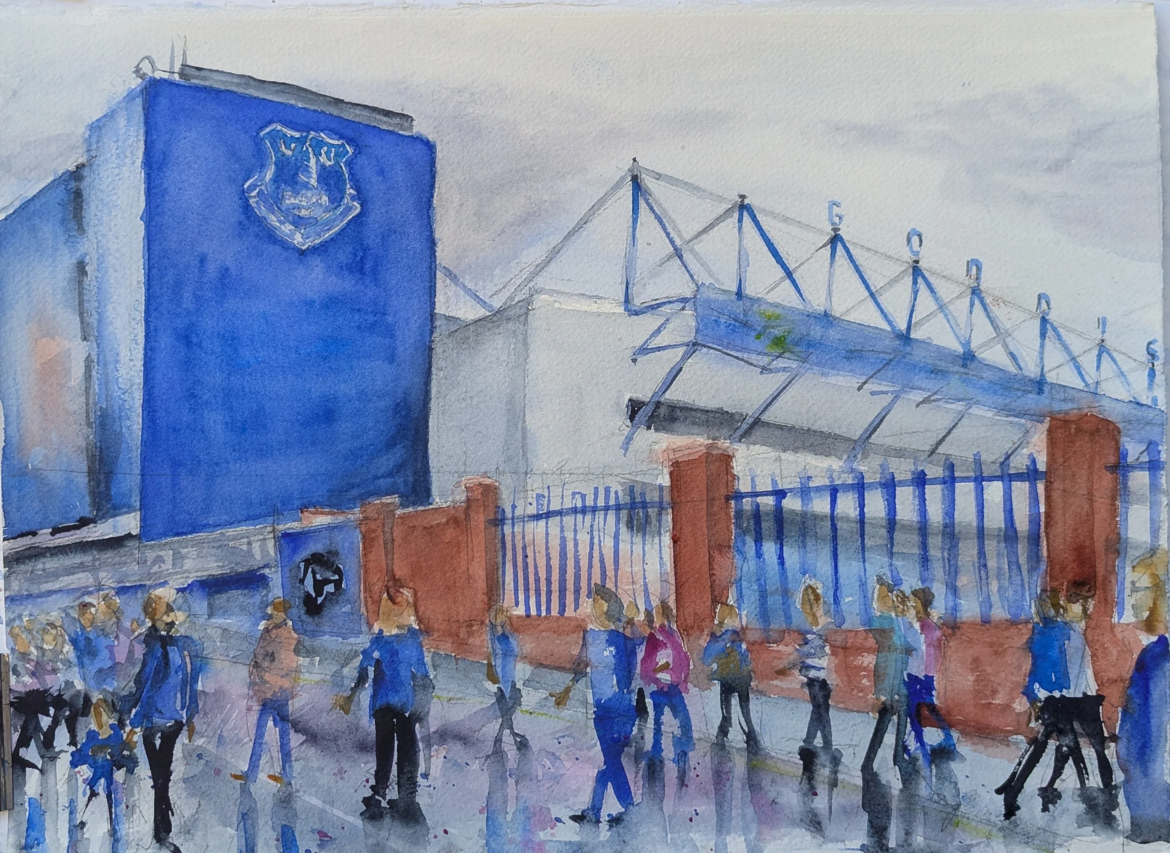 Ink and watercolour: Supporters gather outside Goodison Park beneath the blue Everton frontage.