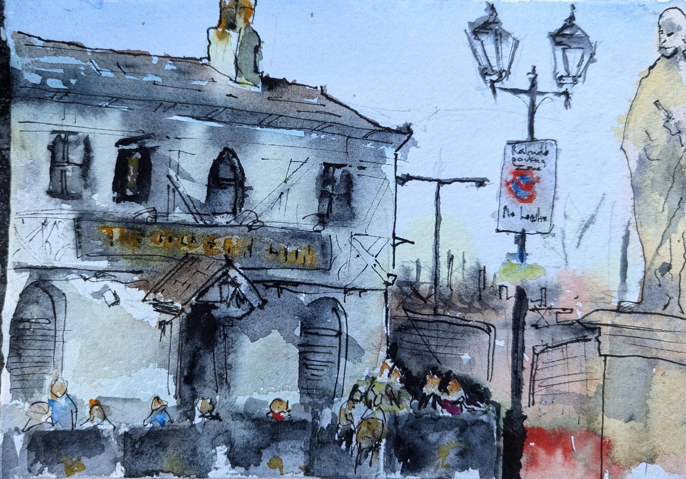 Ink and watercolour: People gather outside the white frontage of the Golden Lion on Moor Street.