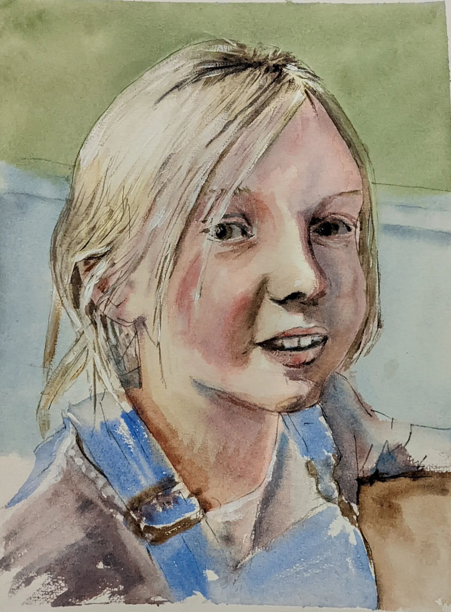 Ink and watercolour: A portrait of a fair-haired person wearing a blue collared top.