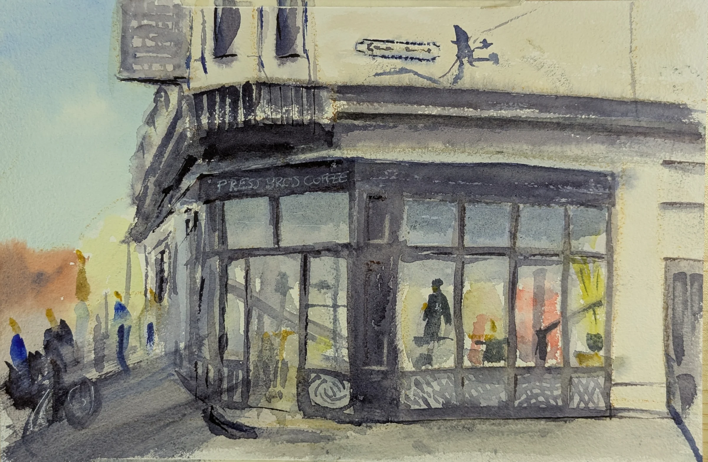 Ink and watercolour: The dark frontage of Press Bros Coffee occupies the corner of a pale building on Lark Lane.