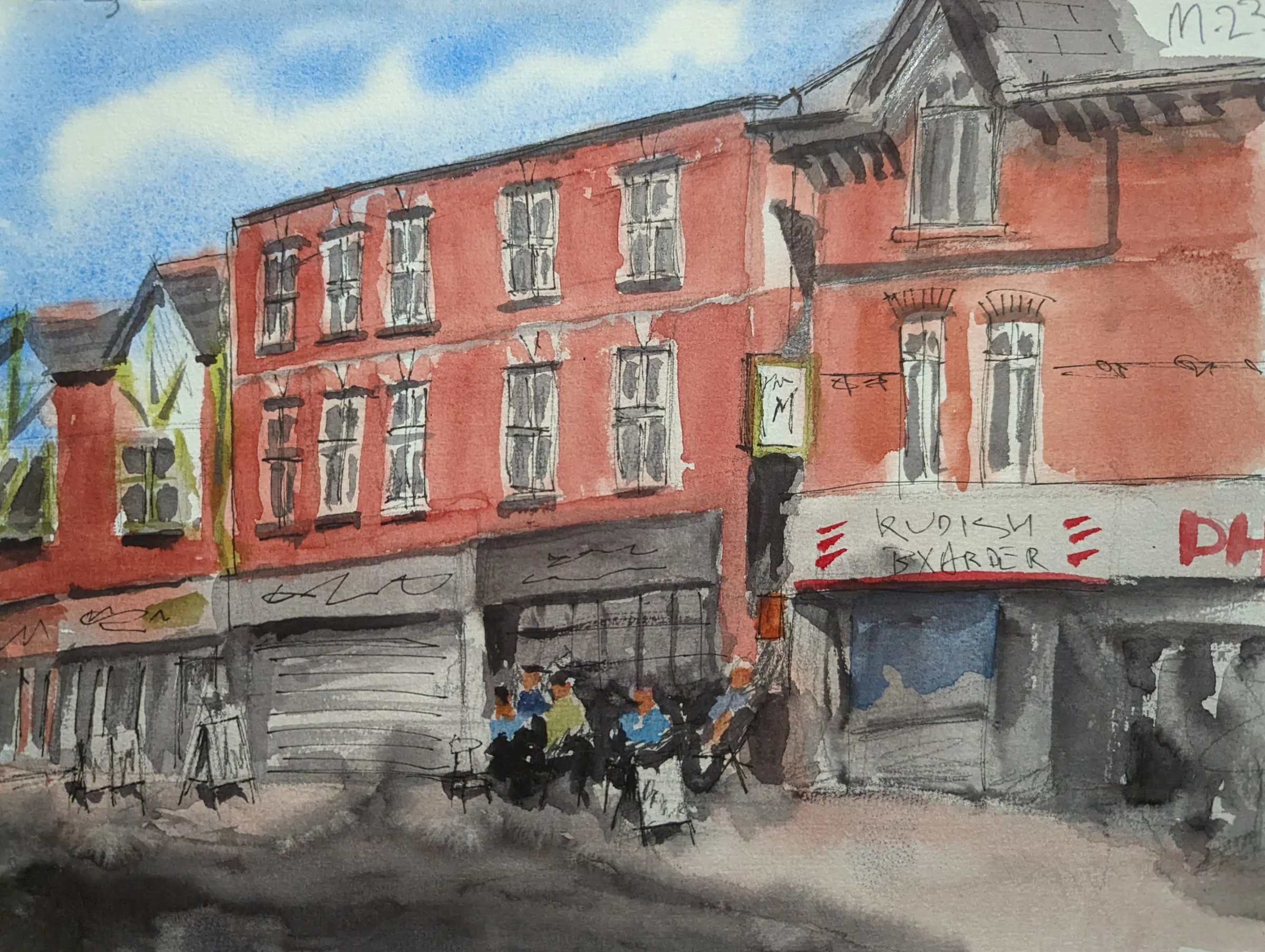 Ink and watercolour: Red-brick upper floors above a row of busy high-street shops.