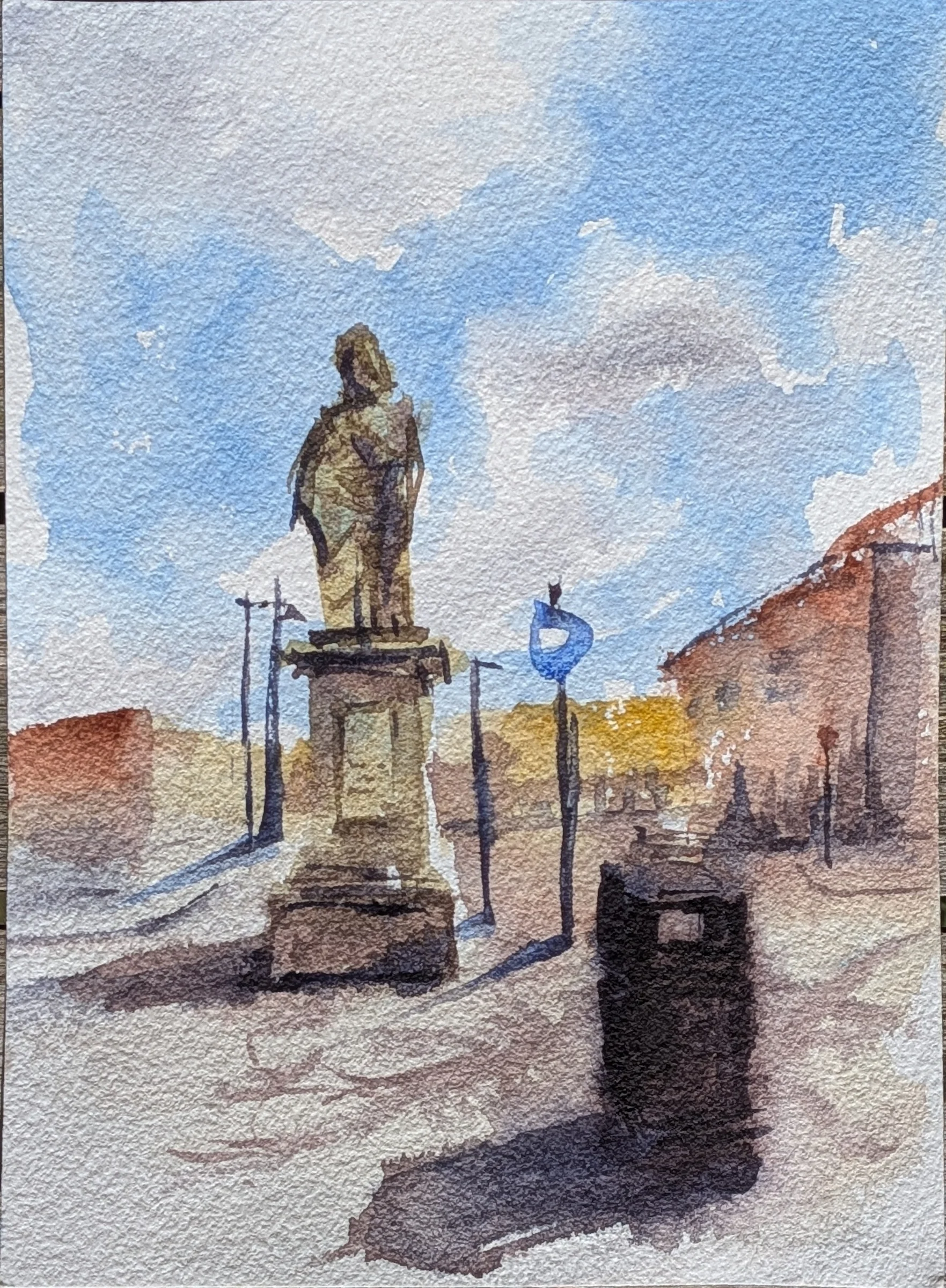 Ink and watercolour: The statue of Benjamin Disraeli stands on its tall plinth in Ormskirk’s Moor Street.