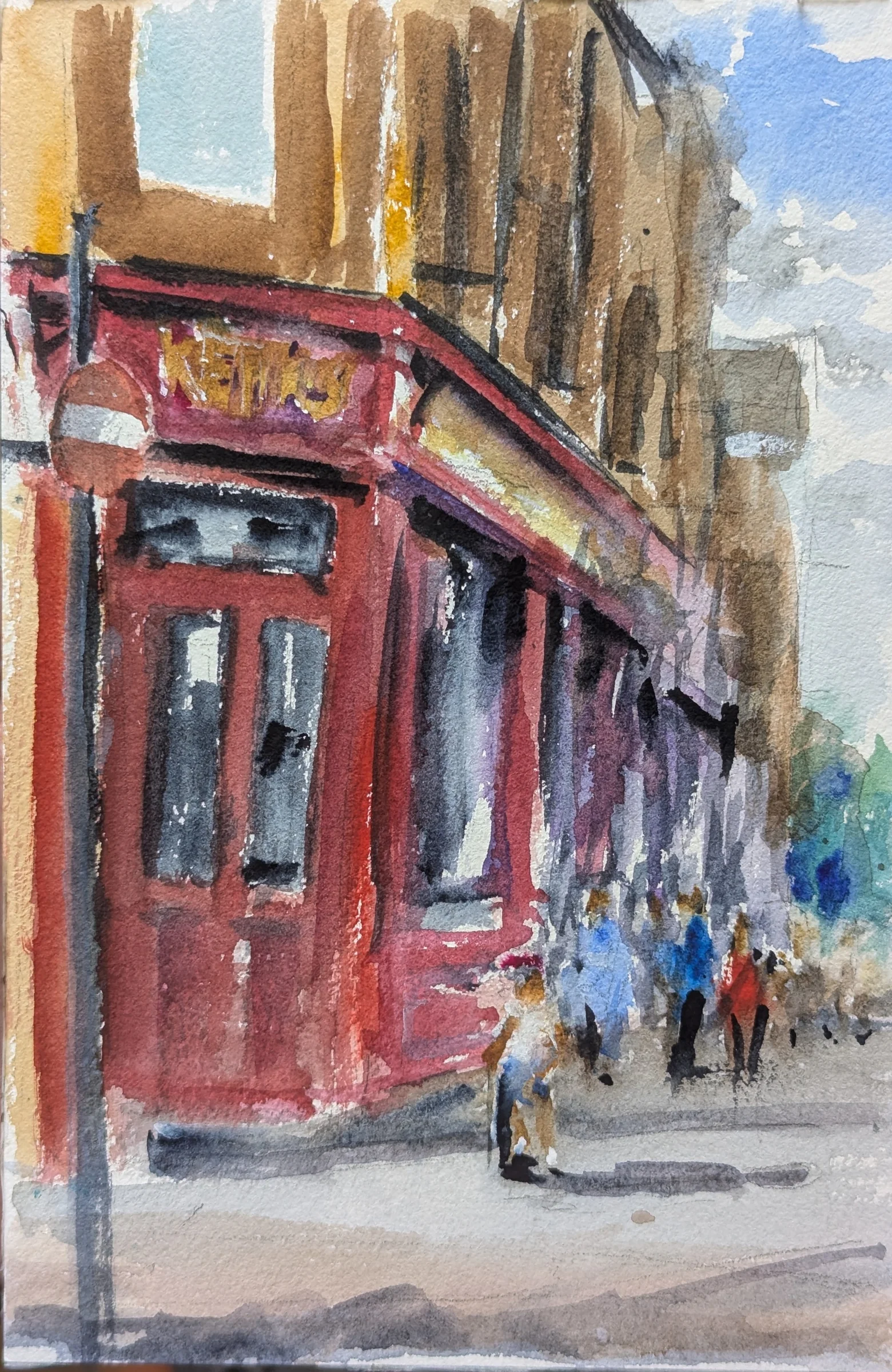 Ink and watercolour: The red-painted frontage of Keith’s on Lark Lane, Liverpool, with pedestrians on the pavement.