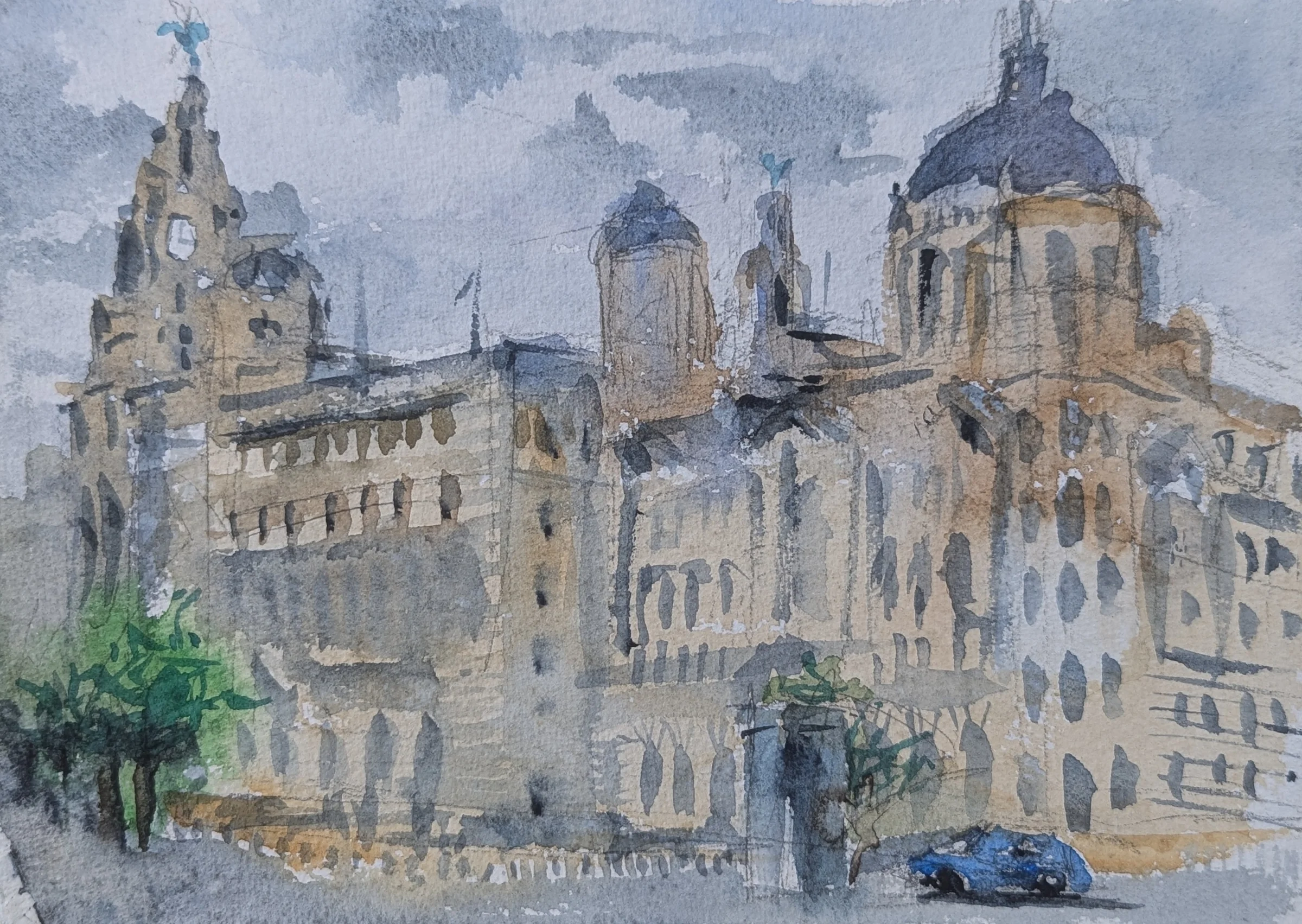Ink and watercolour: The Royal Liver Building, Cunard Building and Port of Liverpool Building line Liverpool’s waterfront.