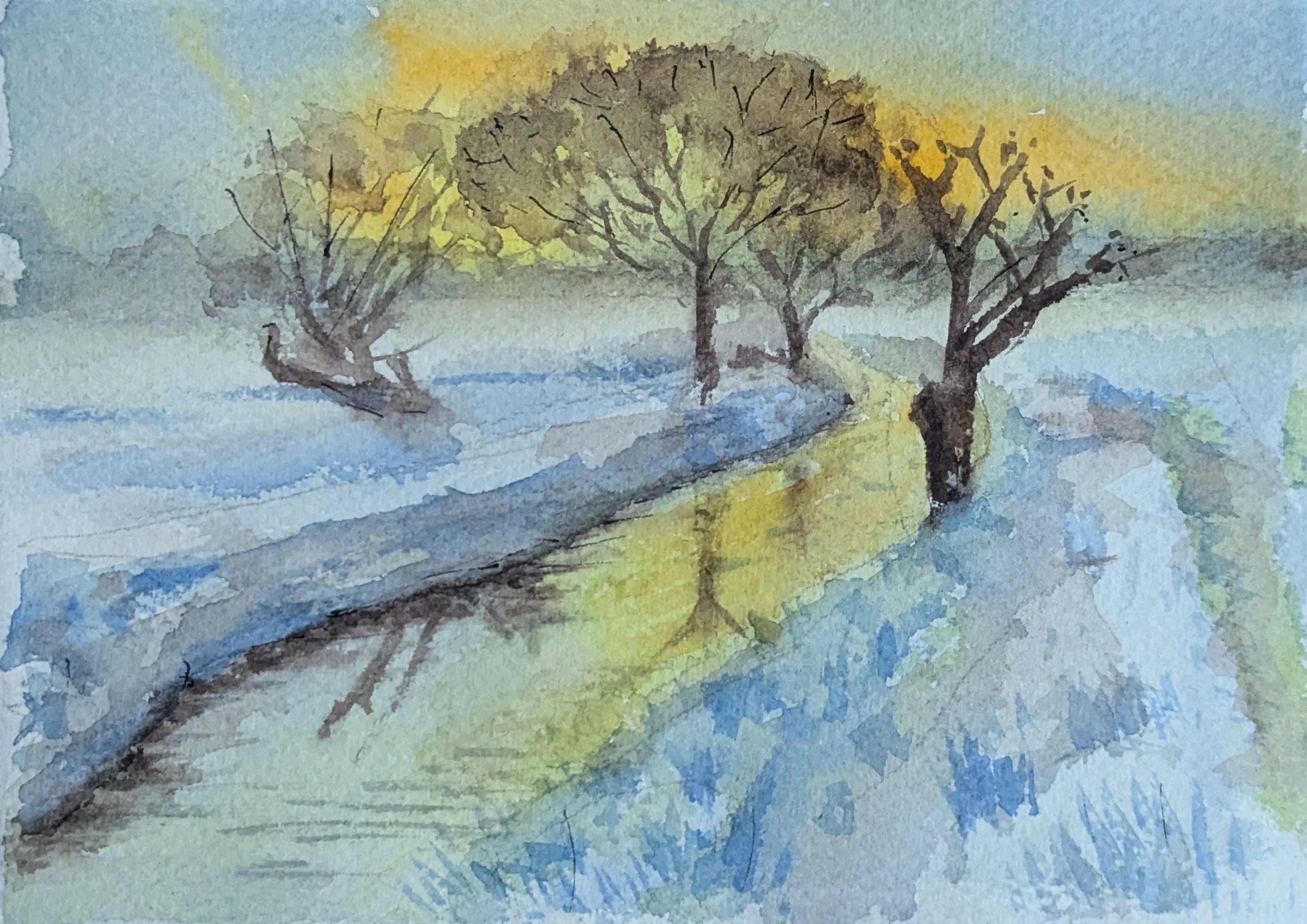 Ink and watercolour: Bare trees and snow beside a winding stream in winter light.