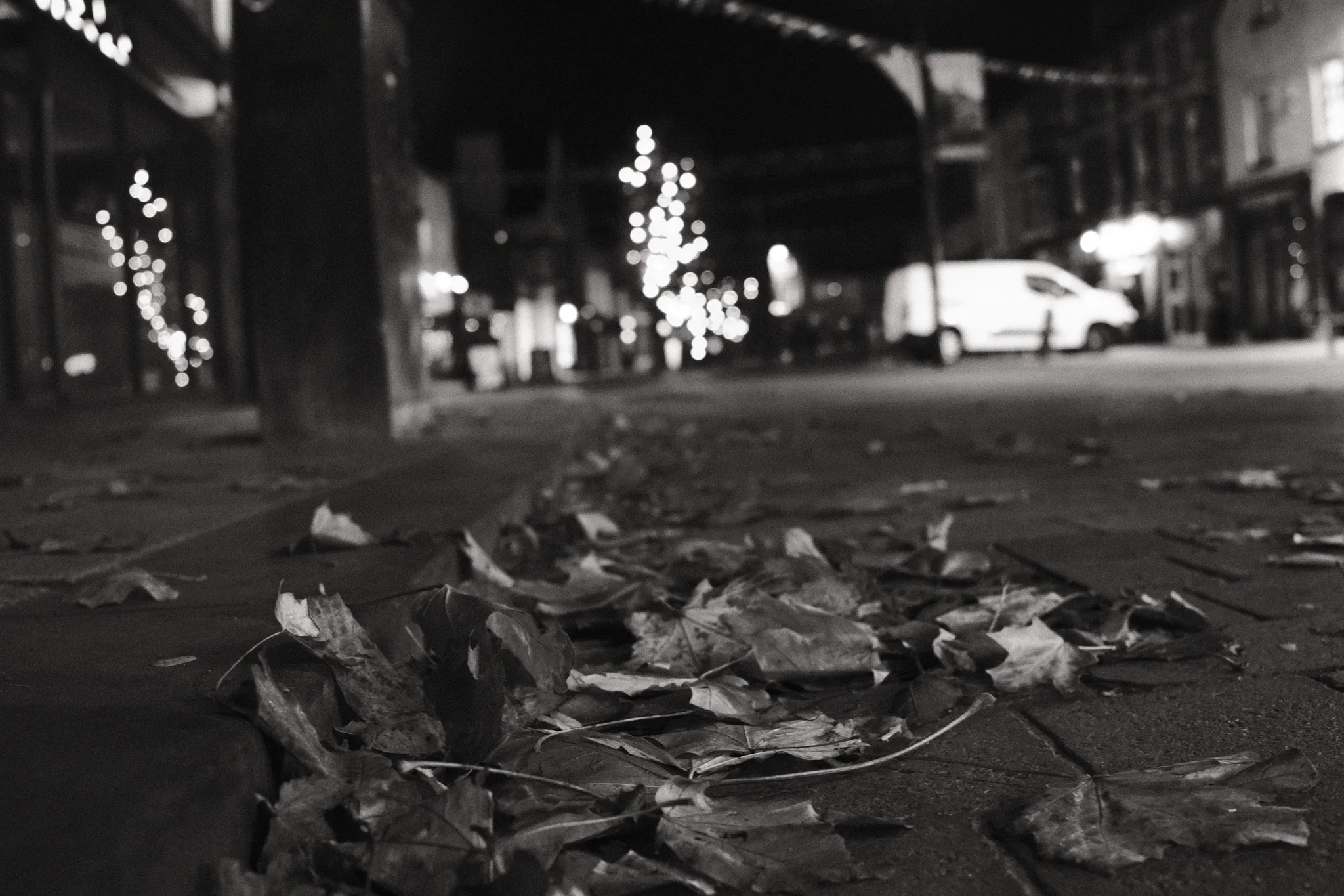 Fallen leaves fill the foreground beneath blurred street lights and a white van in Ormskirk.