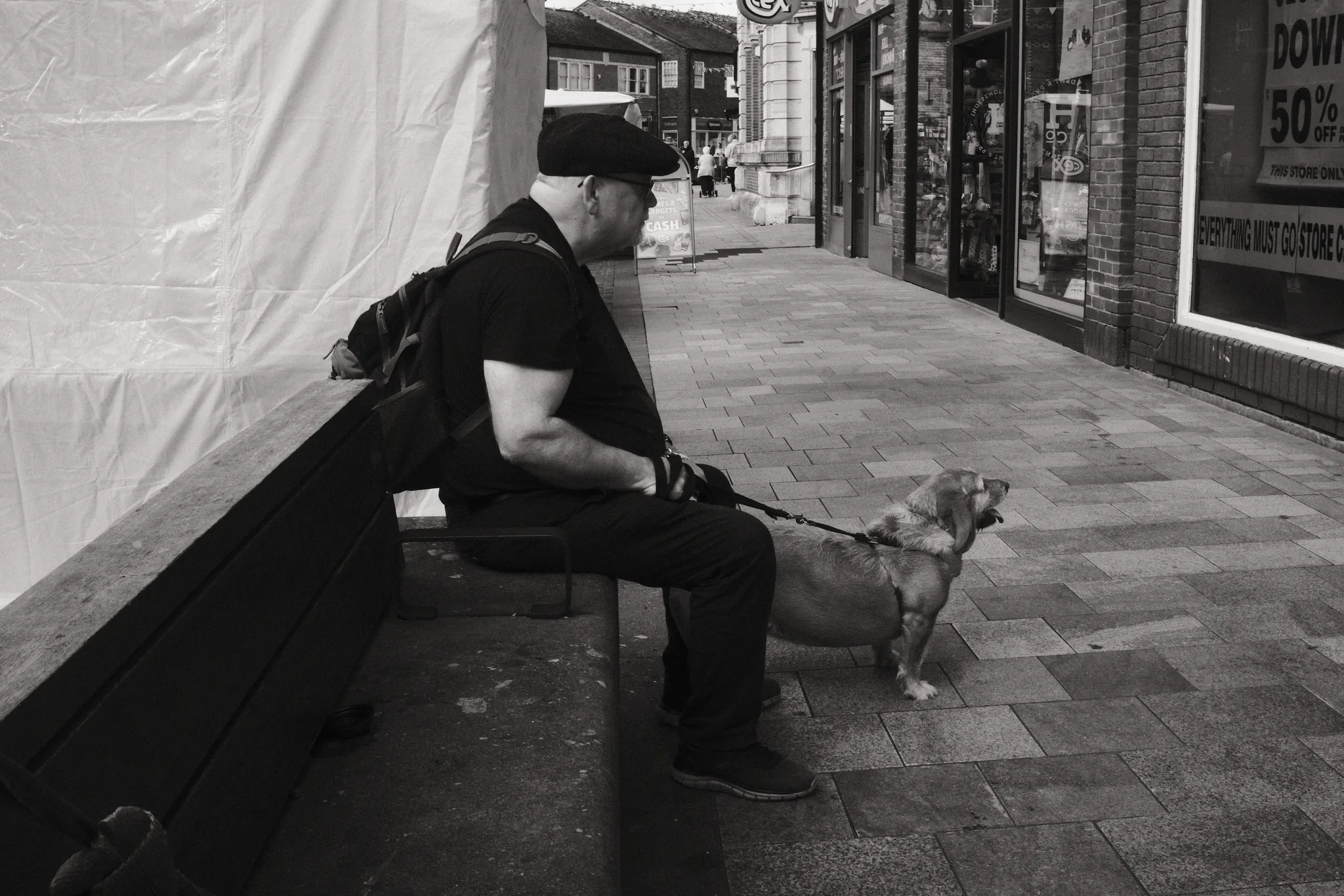 A person and a small dog pause beside the shops.