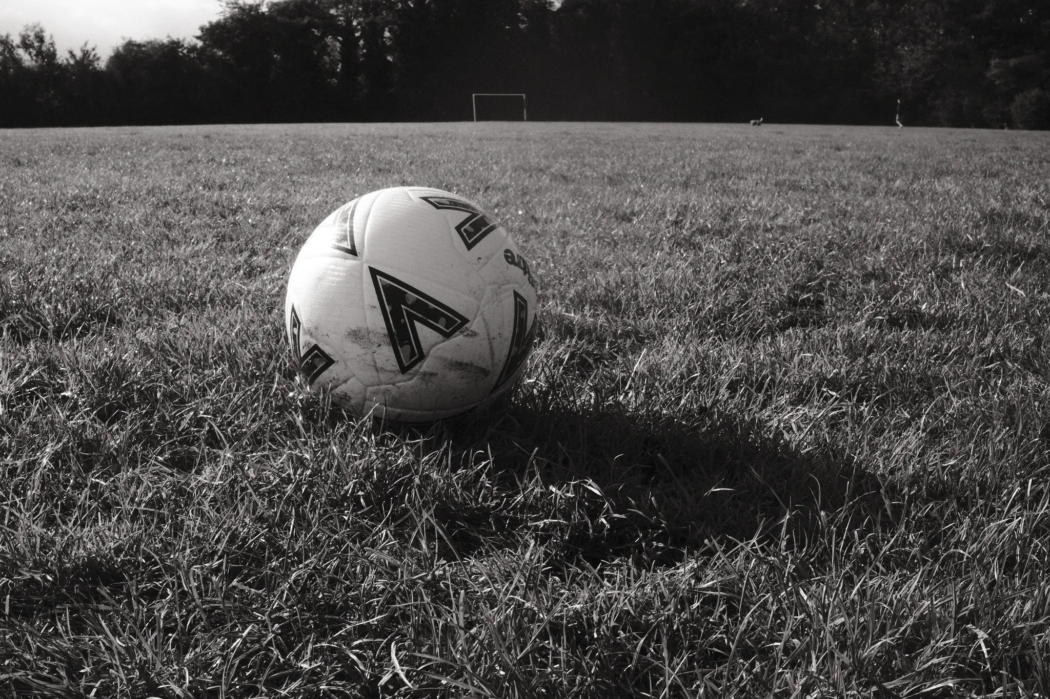 A football rests in the grass with a goal in the distance.