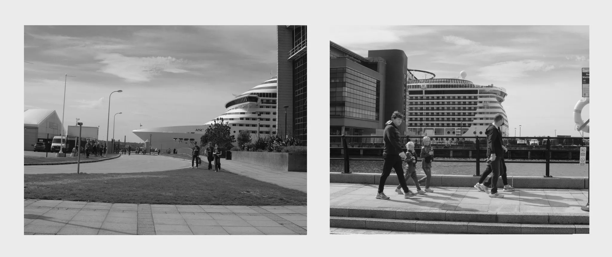 Two black-and-white waterfront views arranged side by side, with pedestrians and a cruise ship.