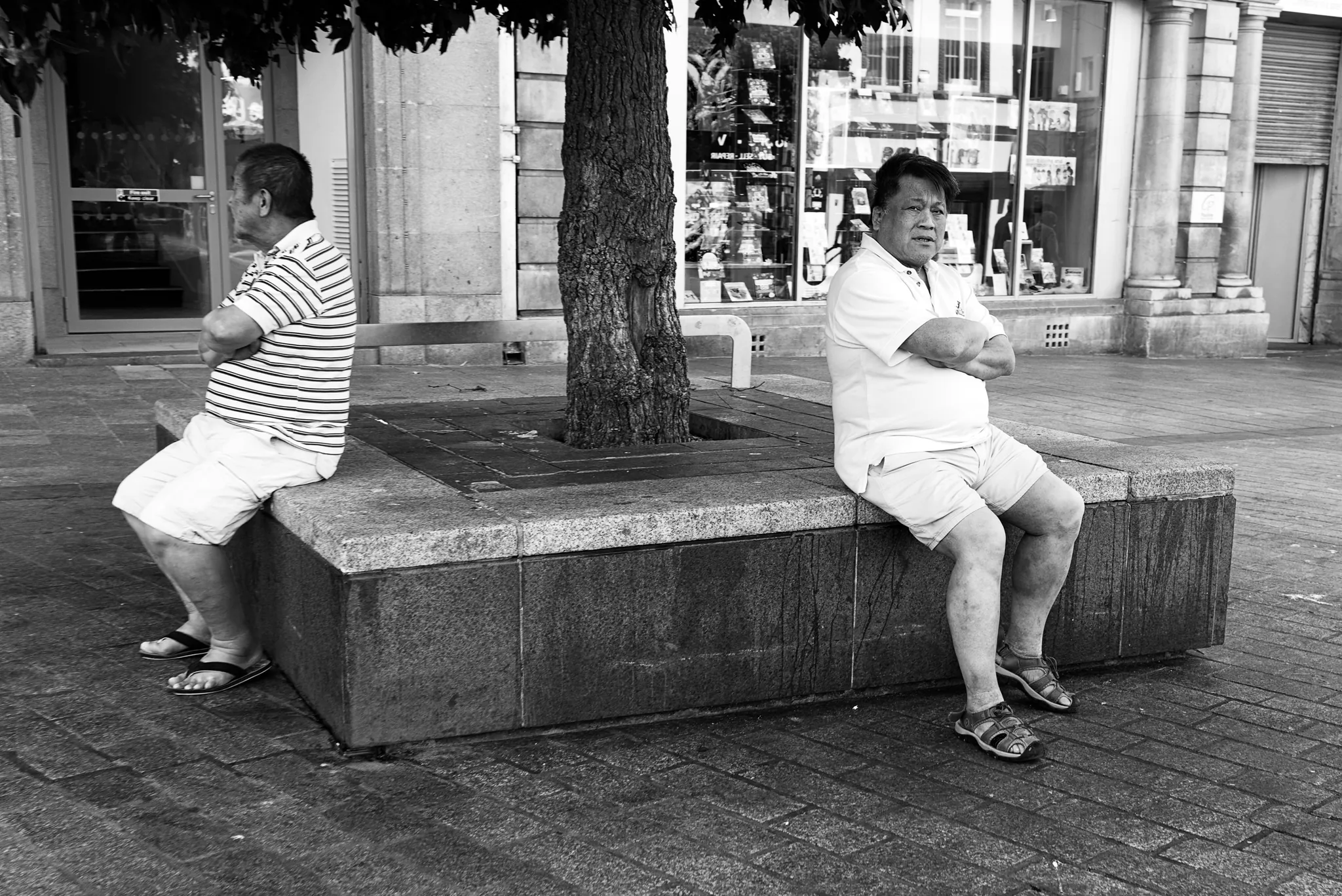 Two people seated on opposite ends of a raised tree surround, in black and white.