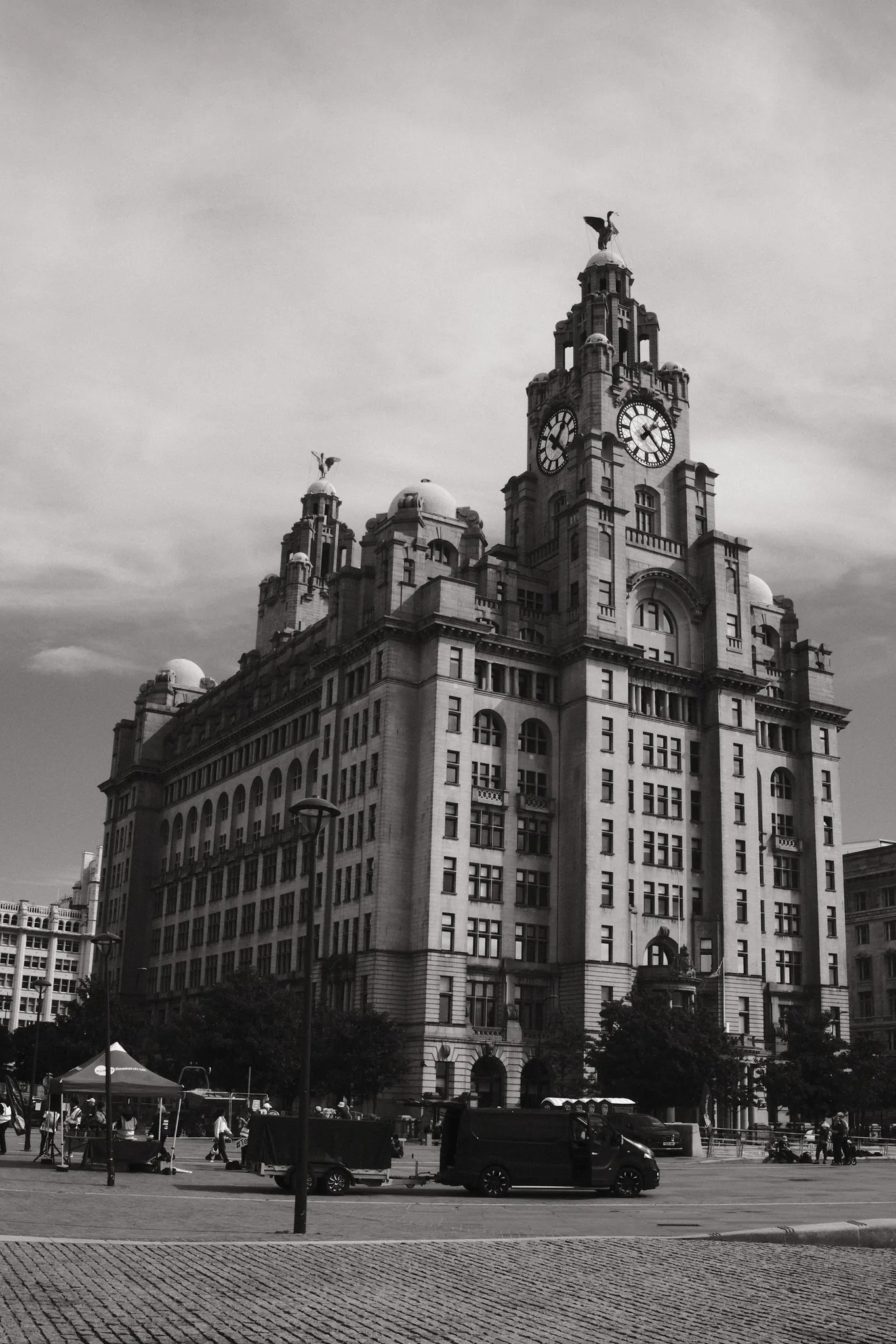 The Royal Liver Building and street traffic in black and white.